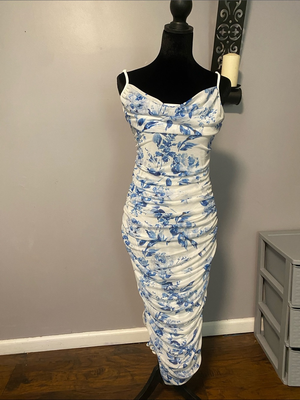 SHEIN White and Blue Floral Ruched Slip Midi Dress